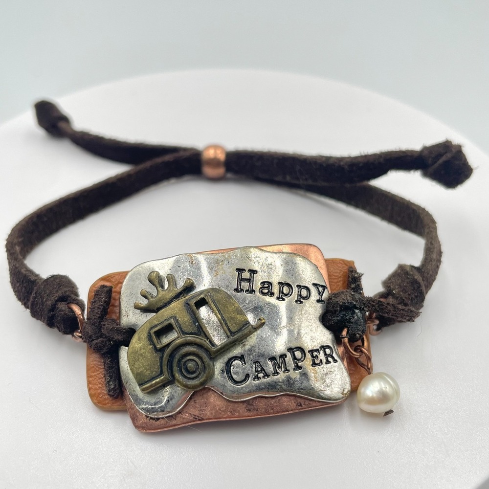 Vintage Happy Camper Mixed Metal Suede Leather Cord Slide Charm Bracelet Boho